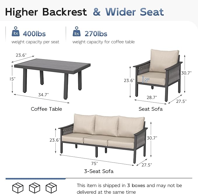 UDPATIO Aluminum Patio Furniture Set with Coffee Table, 4 Piece Modern Aluminum Outdoor Furniture Set, PE Rope Patio Conversation Sets with Thickend Cushions, for Porch, Backyard, Balcony, Beige