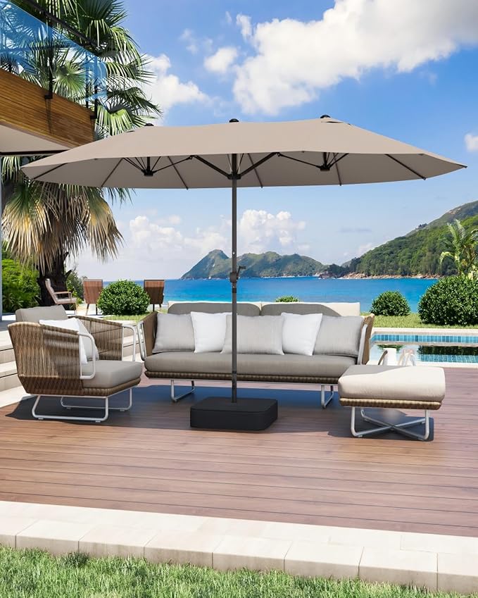 GDPFN 15FT Large Patio Umbrella with Base Included, Outdoor Deck Standing Umbrella with Crank Handle, Double-Side Rectangular Pool Umbrella for Outside, Market, Patio, Beige
