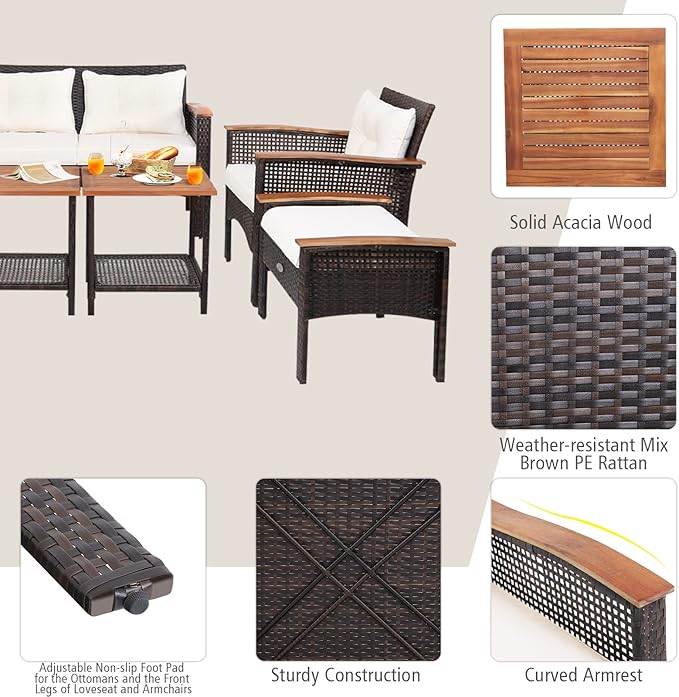 Tangkula 7 Piece Wicker Patio Furniture Set, Patiojoy Acacia Wood Patio Conversation Set with 2 Ottomans and 2 Storage Side Tables with Lower Shelf, Outdoor Cushioned Sectional Sofa Set (Off White)