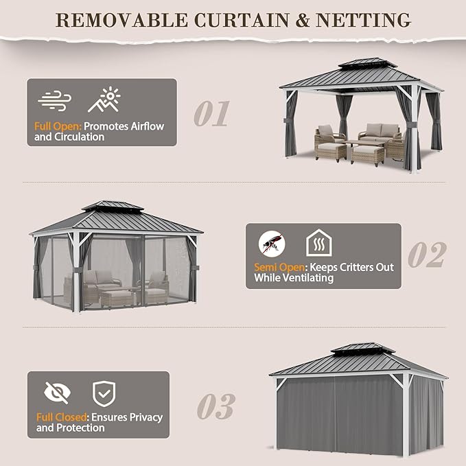 EAGLE PEAK 12x14 Hardtop Gazebo, Galvanized Steel Double Roof with Aluminum Frame, Outdoor Pavilion with Netting and Curtains for Patio, Deck, Lawn and Garden, White/Gray