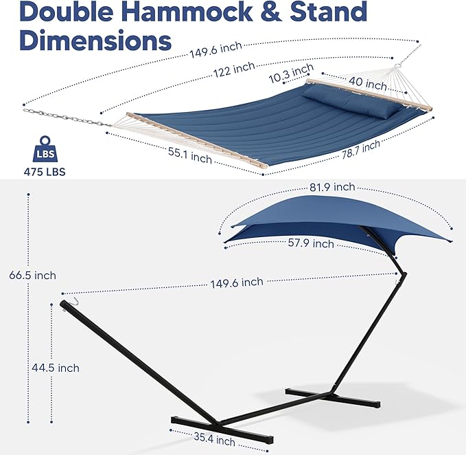 SUNCREAT Hammocks for Outside with Stand, Sunshade, Porch Hammock and Stand, 475 lbs Capacity, Patent Pending, Navy