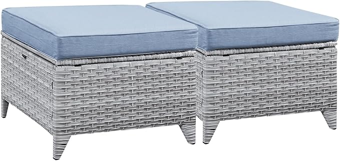 Rilyson Outdoor Ottoman Wicker Patio Ottomans - 2 Piece Footrest Footstools Set Rattan Outdoor Ottomans for Patio with Thick Cushions(Light Grey/Sky Blue)