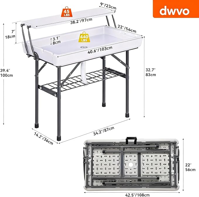 DWVO 4 FT Party Ice Cooler Folding Table, 2 Tier Portable Outdoor Cooler Table with Drain White Detachable Skirt, Ice Folding Table for Party Camping Picnic BBQ Wedding