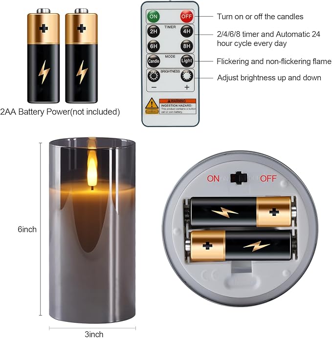 5plots Flameless Battery Operated Candles Set of 2, Gray LED Candles with Remote Timer, Real Wax Glass Pillar Candles Warm Flickering Light for Indoor Home, Halloween, Christmas Decor D3 x H6 6"