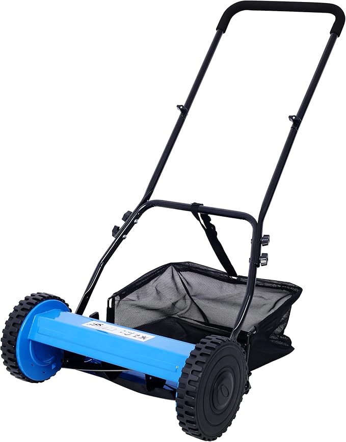 16-Inch 5-Blade Push Reel Lawn Mower with Grass Catcher, 4 Wheels (Blue)