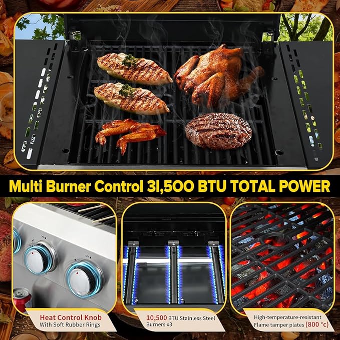 CIG GARDEN 3-Burner Propane Flat Top Grill, 31,500 BTU Stainless Steel Griddle for Outdoor BBQ - Patio, Backyard & Camping Gas Grill
