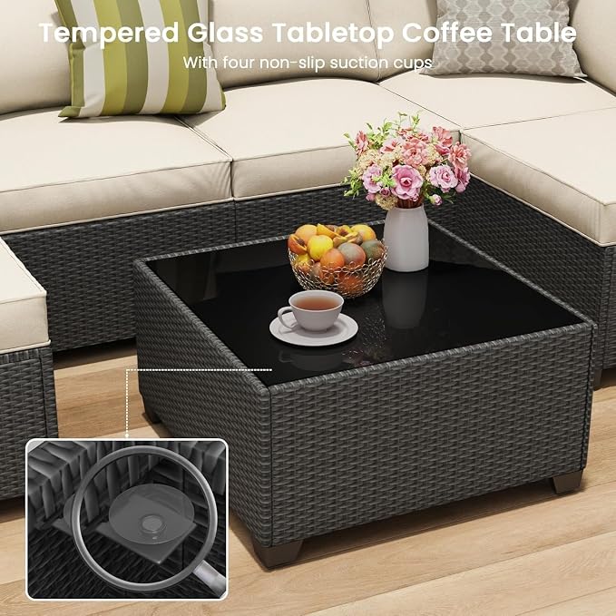 7 Piece Outdoor Patio Furniture Set Modular Rattan Wicker Sectional Sofa Couch with Washable Thick Cushions and Coffee Table Modern Outdoor Conversation Set for Backyard Porch(Beige)