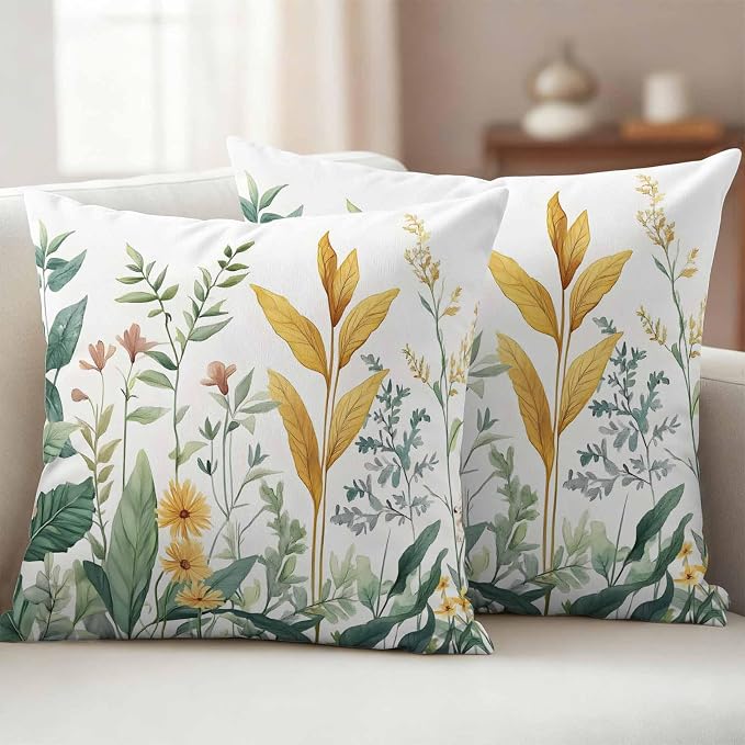 Outdoor Pillow Covers 26x26 Set of 2, Yellow Green Botanical Waterproof Patio Throw Pillow Covers for Couch Sofa Chair, Rustic Watercolor Leaves Decorative Pillowcases for Throw Pillows