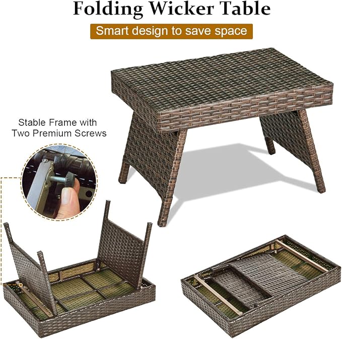 RELAX4LIFE Patio Rattan Side Table - Folding Coffee Table with Premium Brown PE Wicker & High-Duty Steel Frame, Outdoor Beside Table for Garden, Courtyard, Poolside (Brown)