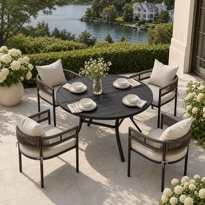 VICLLAX Patio Dining Set, 40.7" Black Table & 4 Chairs with Wheat Cushion | Outdoor Table and Chairs Set of Round Metal Patio Table, Outdoor Dining Chairs with Metal Frame, Garden Deck Porch
