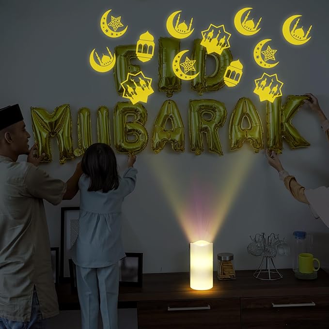 Baquler Ramadan Flameless Candles Projector Light Eid Mubarak LED Candle Battery Operated Star Moon Night Light with Remote and Timer Eid Mubarak Electric Gifts Ramadan Decoration for Home Room Decor