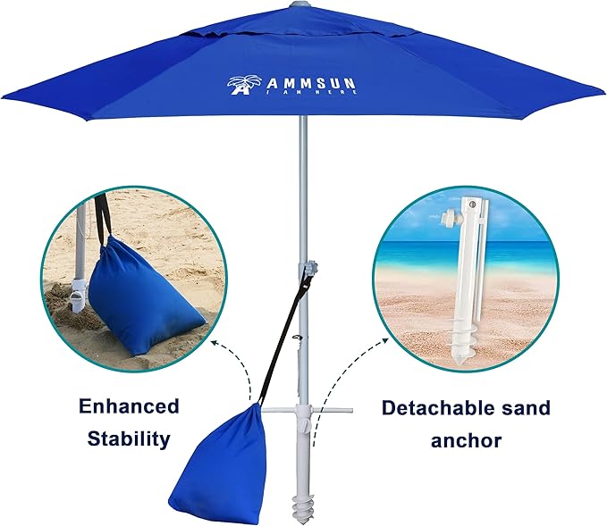 AMMSUN 8ft Large Beach Umbrellas for Sand Heavy Huty Wind Portable Commercial Grade Patio Beach Umbrella with Sand Anchor Adjustable Height Air Vent UPF 50+ Telescoping Pole without tilt Dark Blue