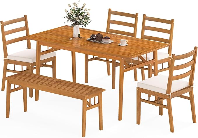Tangkula 6 Pieces Patio Acacia Wood Dining Set, Outdoor Rectangular Table with 1.97” Umbrella Hole, Bench and Cushioned Chairs for 6, for Deck, Yard and Poolside
