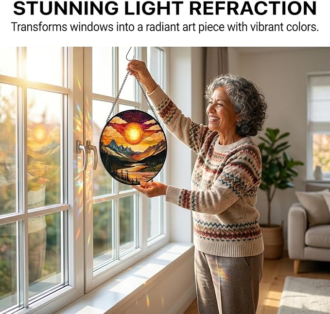 Birthday Gifts for Women - Sunset Mountains River Faux Stained Glass Window Hanging Sun Catcher for Door Garden Acrylic Decor Mother's Day Christmas for Mom Nana Men Grandma Wife 7.8"