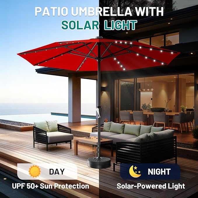 AreShark 12FT Large Patio Umbrella with Solar Lights, Solar Powered Outdoor Umbrella with Crank, Patio Table Market Umbrellas for Garden, Deck, Backyard, Pool and Beach, Red