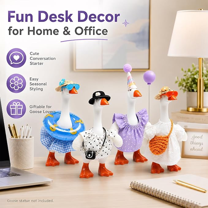 4 Sets Seasonal Small Desk Goose Outfit with DIY Wing, Costume Accessories for 7 Inch Mini Porch Goose, Elegant/Birthday/Farm/Summer Beach Themed Dress Hat Sunglasses Bag Swim Ring, Dress-Up Decor Set