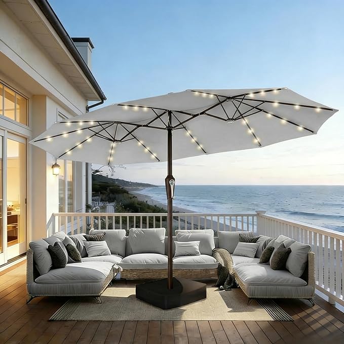 15FT Patio Umbrella with Solar Lights, Double-Sided Extra Large Outdoor Table Umbrella with Base Included, Heavy-Duty 12 Iron Ribs Market Umbrella for Garden, Pool, Backyard, Light Gray