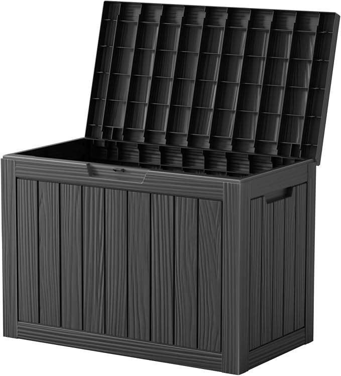 PatioZen 45 Gallon Deck Box,Resin Outdoor Storage Box with Lockable for Patio Furniture, Pool Accessories, Garden Tools Waterproof Outside Storage Box, Black