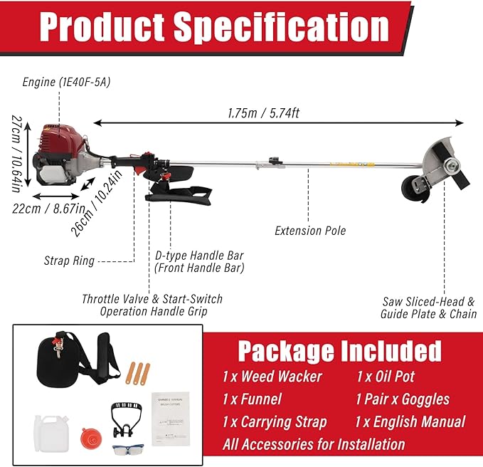 35.88CC Gas Weed Wacker 4-Stroke Gas Powered Weed Eater 0.75KW Grass String Trimmer Powerful Lawn Edger with 2 Blade Heads Grass Tools for Garden, Urban Greening | US Stock
