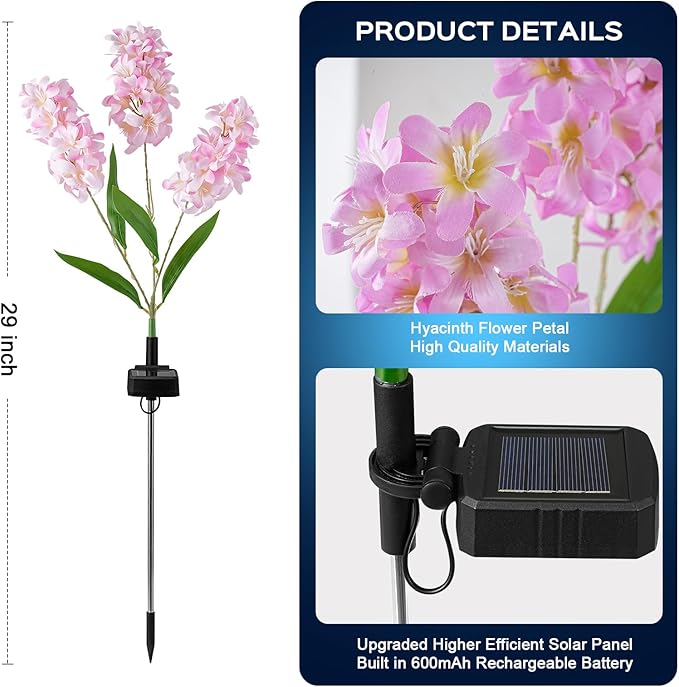 TANSOREN 4 Pack Solar Garden Lights Outdoor, Colorful LED Waterproof Solar Powered Hyacinth Flowers Landscape Lights for Outside Yard, Patio, Pathway Decorative, Décor, Gifts, Two Lighting Modes
