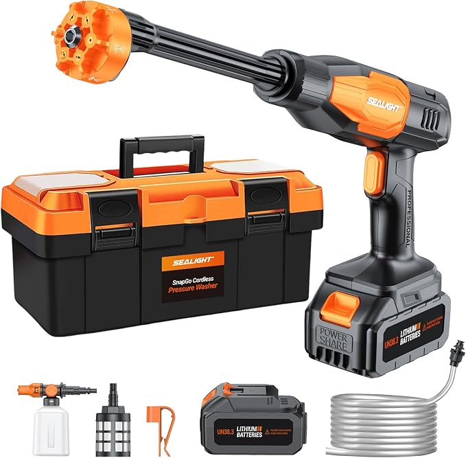 SEALIGHT Cordless Pressure Washer Battery Power Washer, 970 PSI Cordless Power Washer with 3.0Ah Battery & 6-in-1 Nozzle & Foam Pot & Carry Box, Portable Pressure Washer for Home,Yard, Car Wash