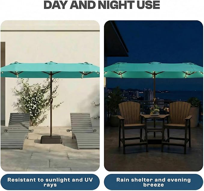 15FT Patio Umbrella with Solar Lights, Double-Sided Extra Large Outdoor Table Umbrella with Base Included, Heavy-Duty 12 Iron Ribs Market Umbrella for Garden, Pool, Backyard, Turquoise Blue