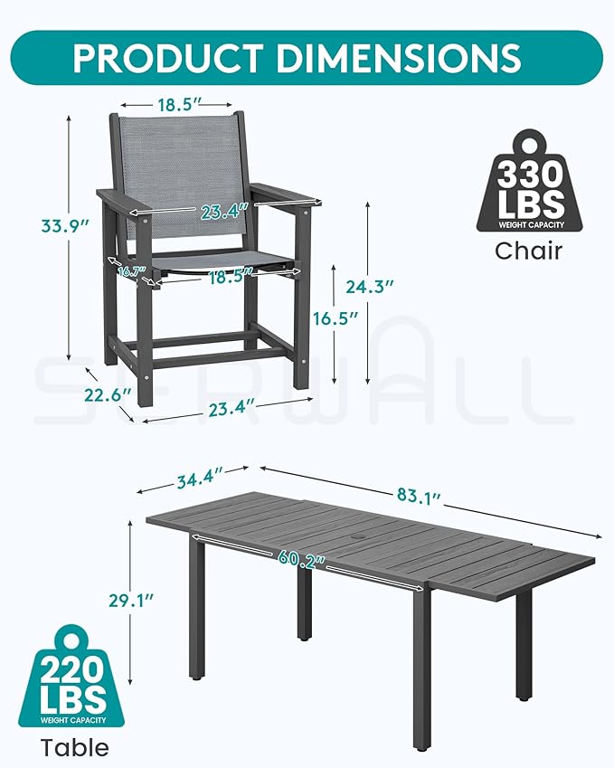 SERWALL Outdoor Dining Chairs Set of 2, All-Weather HDPE and Textilene Material Patio Chairs, Black