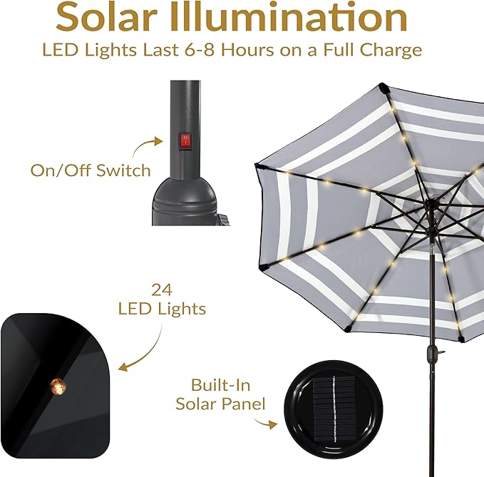 Sunnydaze 9 ft Striped Patio Umbrella with Solar Lights - Polyester LED Table Market Umbrella with Tilt and Crank - Navy Blue Stripe