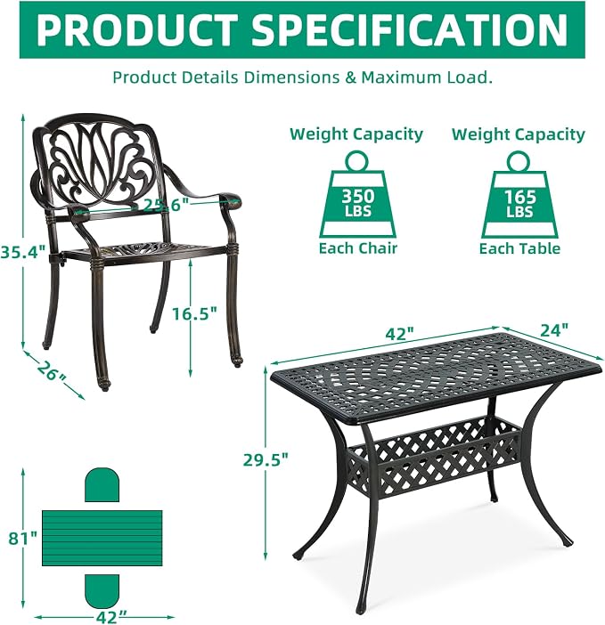 VIVIJASON 3 Piece Cast Aluminum Patio Bistro Set, Outdoor Dining Set with 42" x 24" Rectangular Table and 2 Armchairs, Rust Proof & Weather Resistant Furniture for Small Balcony, Porch, Garden, Deck