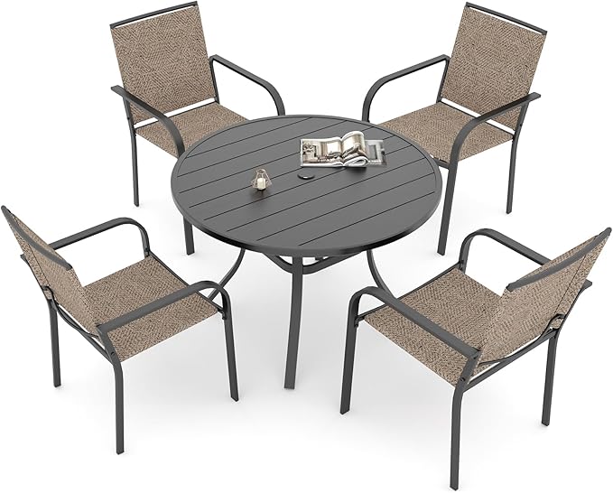 Anmutig 41" Round Patio Table and Chairs Set for 4 Person, 4 Stackable Outdoor Dining Chairs with Beige