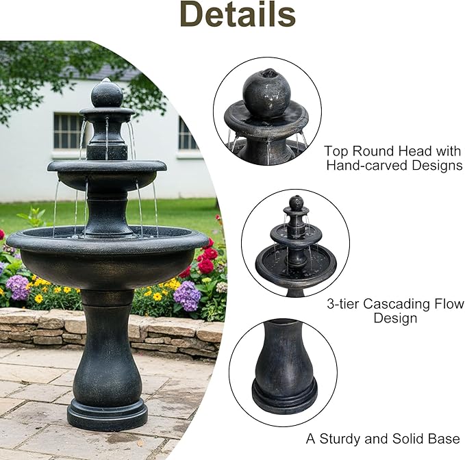Naturefalls 45.2" Water Fountain Outdoor - Large Waterfall Fountain Outside, 3-Tiers Cascading, Fiber Reinforced Concrete, Indoor and Outdoor Fountain for Garden, Patio, Backyard, Lawn, Yard Decor