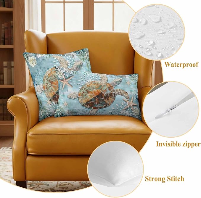 Ocean Turtle Outdoor Waterproof Throw Pillow Covers Set of 2, 26"x26", Retro Blue Nautical Starfish Sealife Decorative Pillow Covers Outside Cushion Case for Patio Porch Garden