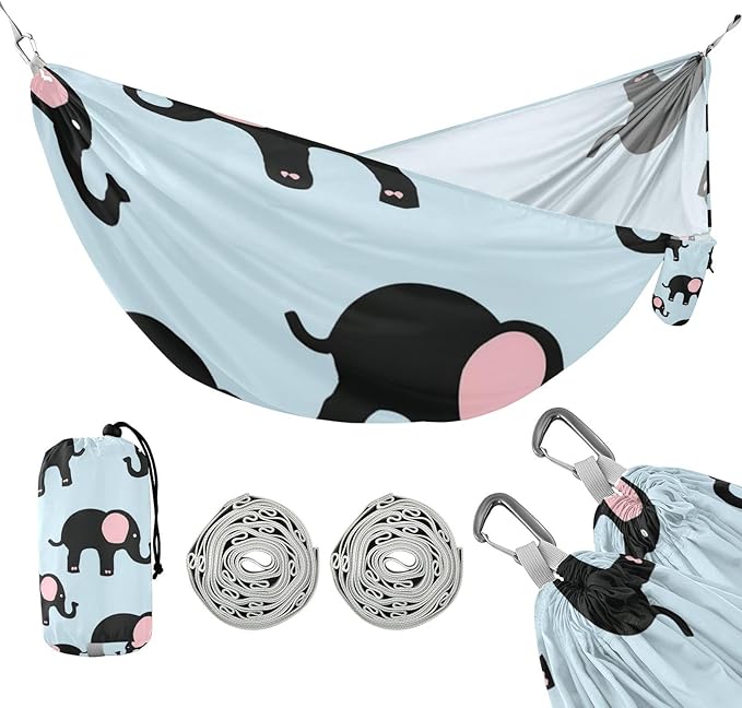 Cartoon Cute Black Elephant 330lb Capacity Outdoor Hammock with Hanging Rope Portable Hammock for Outside Patio Backyard Poolside hamacas para adultos con soporte