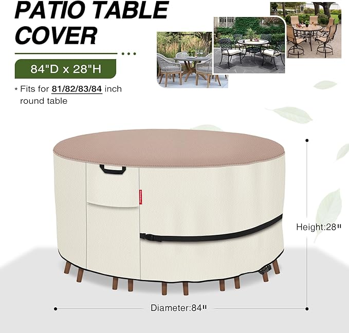 Porch Shield Round Patio Furniture Cover - Waterproof 600D Heavy Duty Outdoor Table and Chairs Cover 84 inch, Light Tan & Khaki
