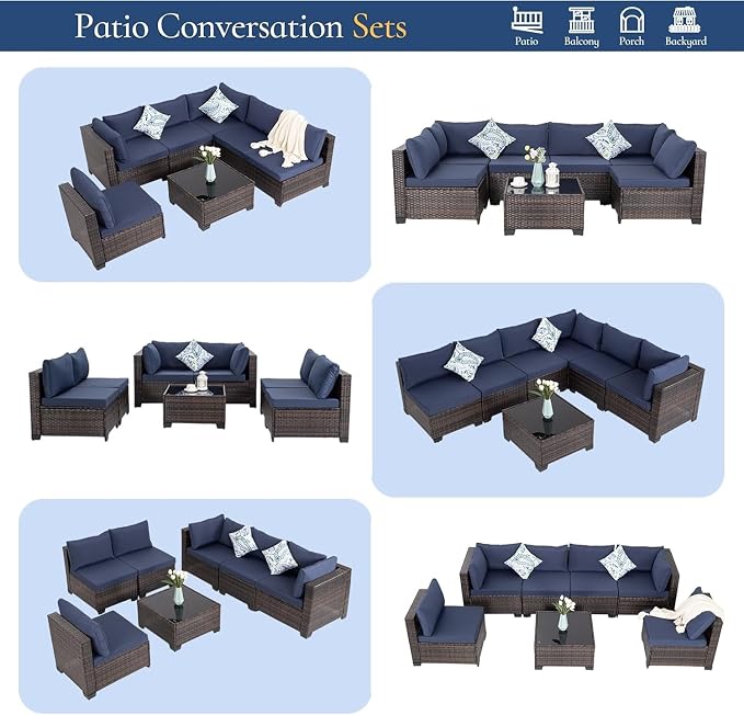 7 Piece Outdoor Patio Furniture Set with Wicker Sectional Couch, Rattan Sofa and Thick Cushions, Patio Conversation Sets with Coffee Table for Garden, Balcony, Backyard Lounge Seating(Gray)