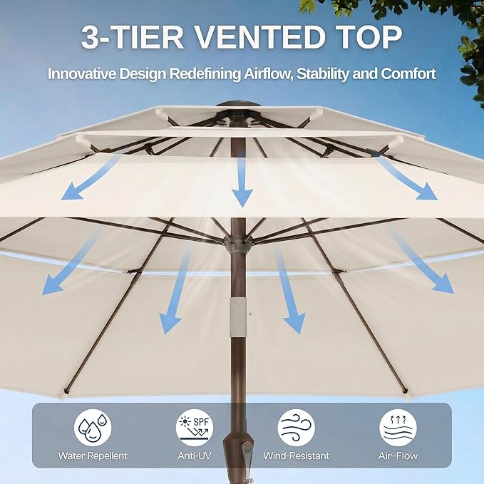 10ft Patio Umbrella, 3 Tier Outdoor Market Table Umbrellas with 8 Fiberglass Ribs and Push Button Tilt, Windproof, Vented Canopy, UV Protection for Deck, Pool, Backyard
