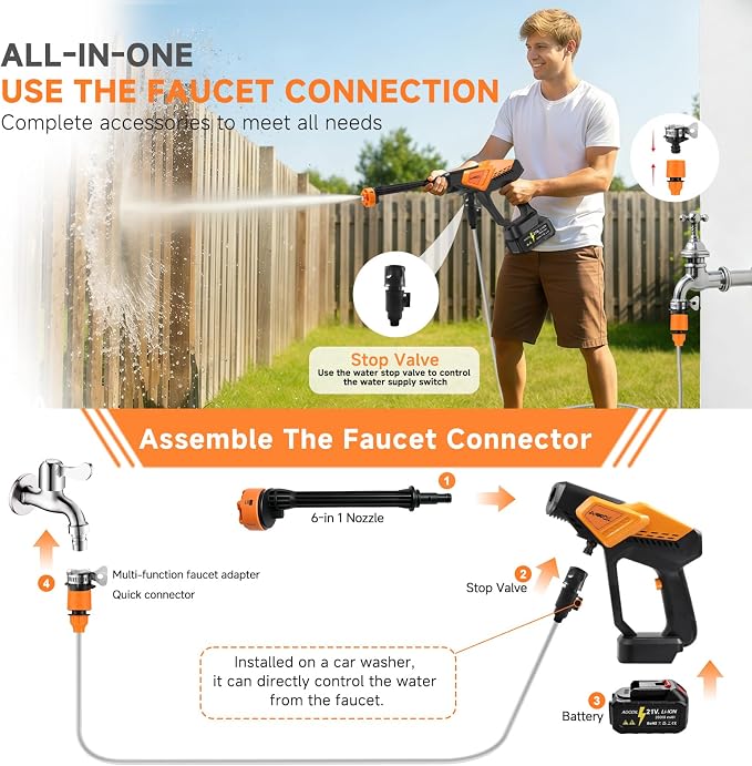 Cordless Portable Washer Battery Powered, 6 in 1 Nozzle Handheld Washer with Tap Connector, 2 Batteries, 800PSI Lightweight Car Washer with 16ft(5m) Hose for Home & Outdoor Patio Garden