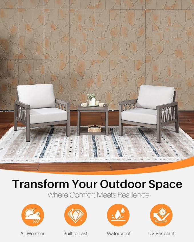 3-Piece Aluminum Patio Furniture Set, Deep Seating 2 Armchairs and Side Table, All Weather Patio Bistro Set with Cushions, Patio Conversation Set for Garden, Balcony, Deck, Limed Oak