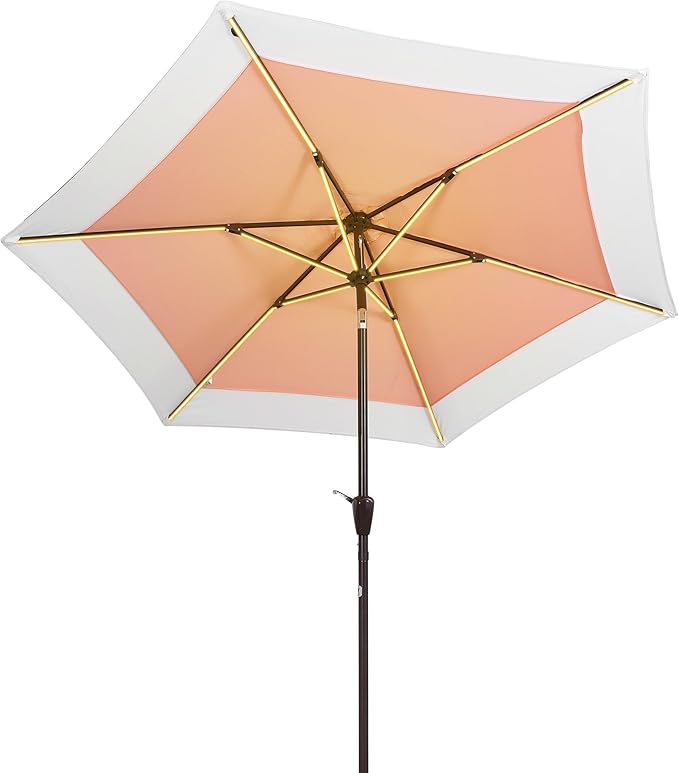 JONATHAN Y Spencer 9 ft. Solar Powered LED Patio Umbrella with Crank and Tilt, Hexagon Outdoor Market Sunshade for Garden, Deck and Pool, Coral Pink/White, Dark Brown Pole UMB1100D