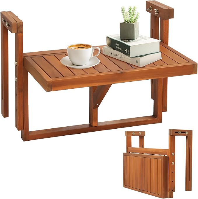 VINGLI 22in Acacia Wood Folding Balcony Hanging Table – Adjustable Height & Width, Balcony Railing Table Ideal for Different Railing Widths,Perfect for Balcony,Patio,Rectangular,Natural Wood Color
