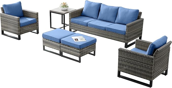 Rilyson Wicker Outdoor Patio Furniture Set - 6 Piece Patio Conversation Set with 2 Armrest Chairs,2 Rattan Ottoman,1 Couch and 1 Metal Side Table for Outside Porch Deck Backyard(Mixed Grey/Blue)