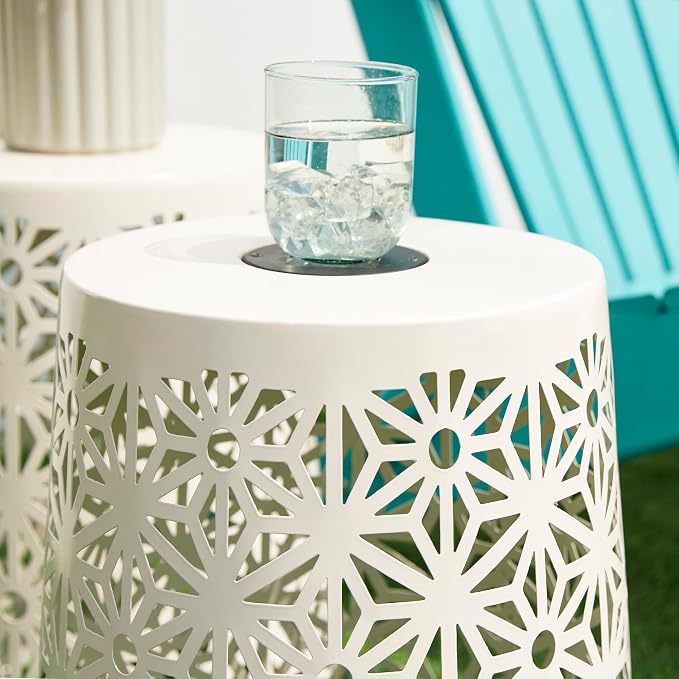 Glitzhome Set of 2 Outdoor Side Table, Iron Cutout Geometric Pattern Solar Powdered Garden Stool, Planter Stand and Solar Lantern for Garden Patio Party Yard Outdoor Indoor Decoration, White