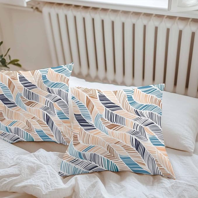 Vandarllin Outdoor Throw Pillows Covers 20x20 inch Set of 2 Waterproof Summer Beach Decorative Zippered Cushion Covers for Patio Furniture, Yellow Blue Ombre Abstract Leaf Lines Lumbar Pillowcases