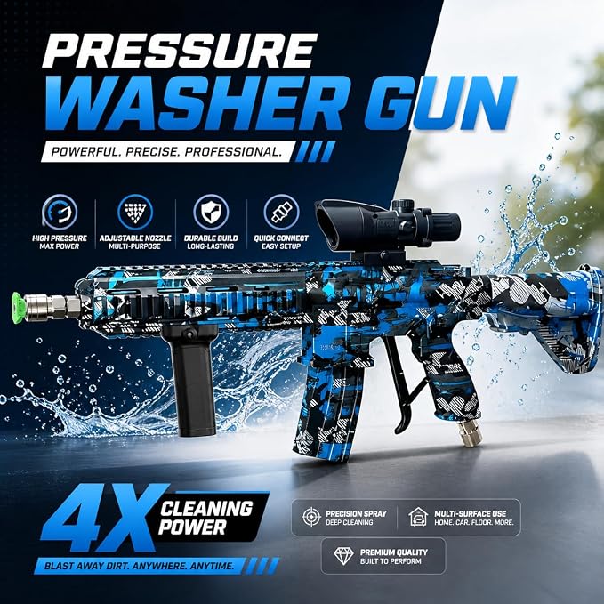 M416 Tactical Style 3600 PSI High Pressure Washer Gun - Foam Cannon Compatible with Swivel & 4 Nozzles - Airsoft Inspired Design for Car Cleaning & Outdoor Use (Blue)