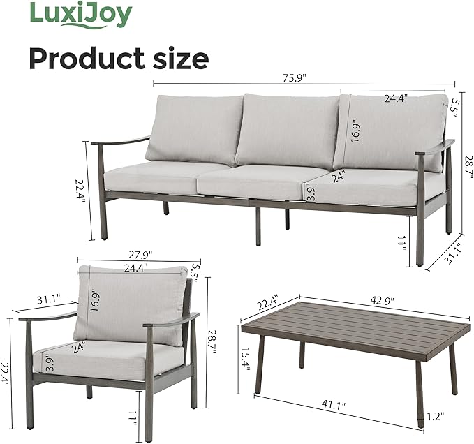 4 Pieces Patio Furniture Set, Aluminum Outdoor Patio Furniture Sets, 2 Armchairs and 3 Seater Couch with Thick Cushion, Patio Conversation Set for Backyard Deck Poolside, Greige & Grey