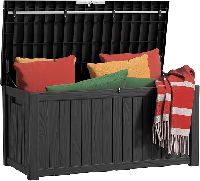 PatioZen 150 Gallon Deck Boxes Outdoor Waterproof, Weatherproof Outdoor Storage Boxes Lockable for Patio Furniture, Pool Supplies,Garden Tools(Black)