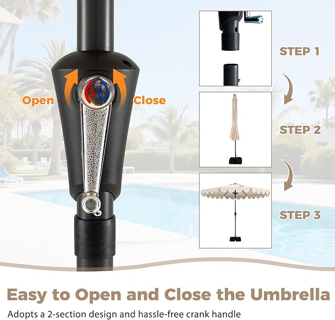 Tangkula 10 FT Patio Umbrella with Base Included, 2-Tiers Outdoor Scalloped Table Umbrella with 2 Sandbags, Tilt Adjustment, Crank, 8 Ribs for Market Backyard Pool Deck Beach Lawn