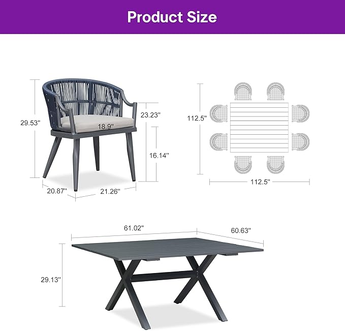 PURPLE LEAF 9 Pieces Outdoor Dining Set All Weather Wicker Patio Dining Set with Square Aluminum Table and Modern Armrest Dining Chairs for Garden Deck Backyard Kitchen, Grey