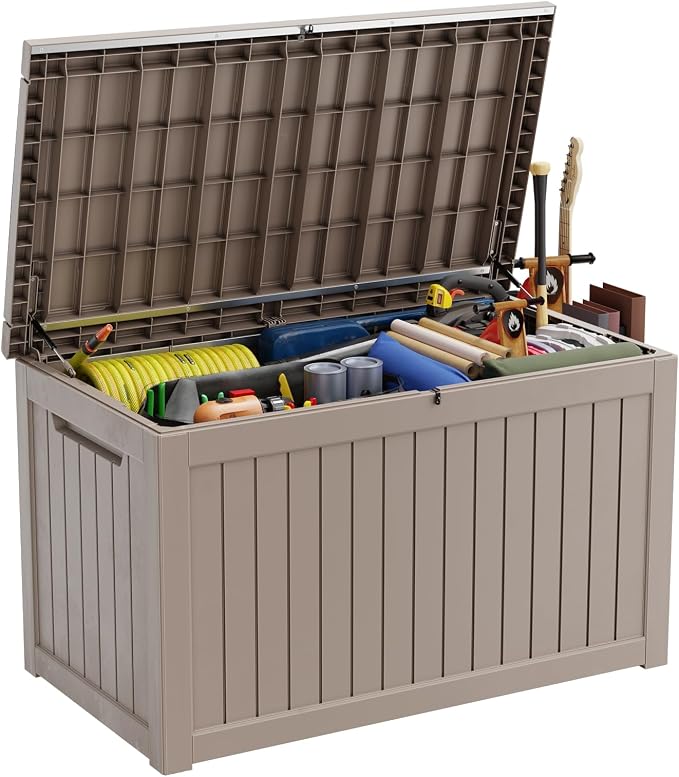 ROJIK 280 Gallon Deck Box Outdoor, Waterproof Outdoor Storage Boxes with Lids, Outside Resin Lockable Storage Box for Patio Cushions, Garden Tools(Grey)