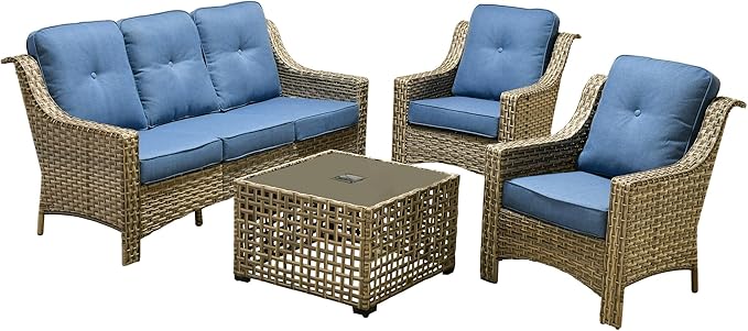 Outdoor Patio Furniture Sets, 4 PCS Patio Conversation Set Outside Rattan Sofa with Solar Light Coffee Table Comfy Cushions Fit Backyard Porch Garden Poolside Balcony,Diamond Blue